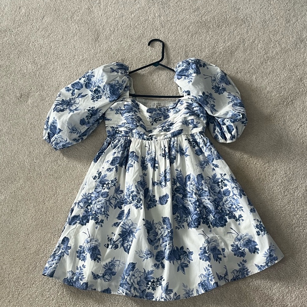 Abercrombie & Fitch Emerson Poplin Puff Sleeve Blue and White Sundress